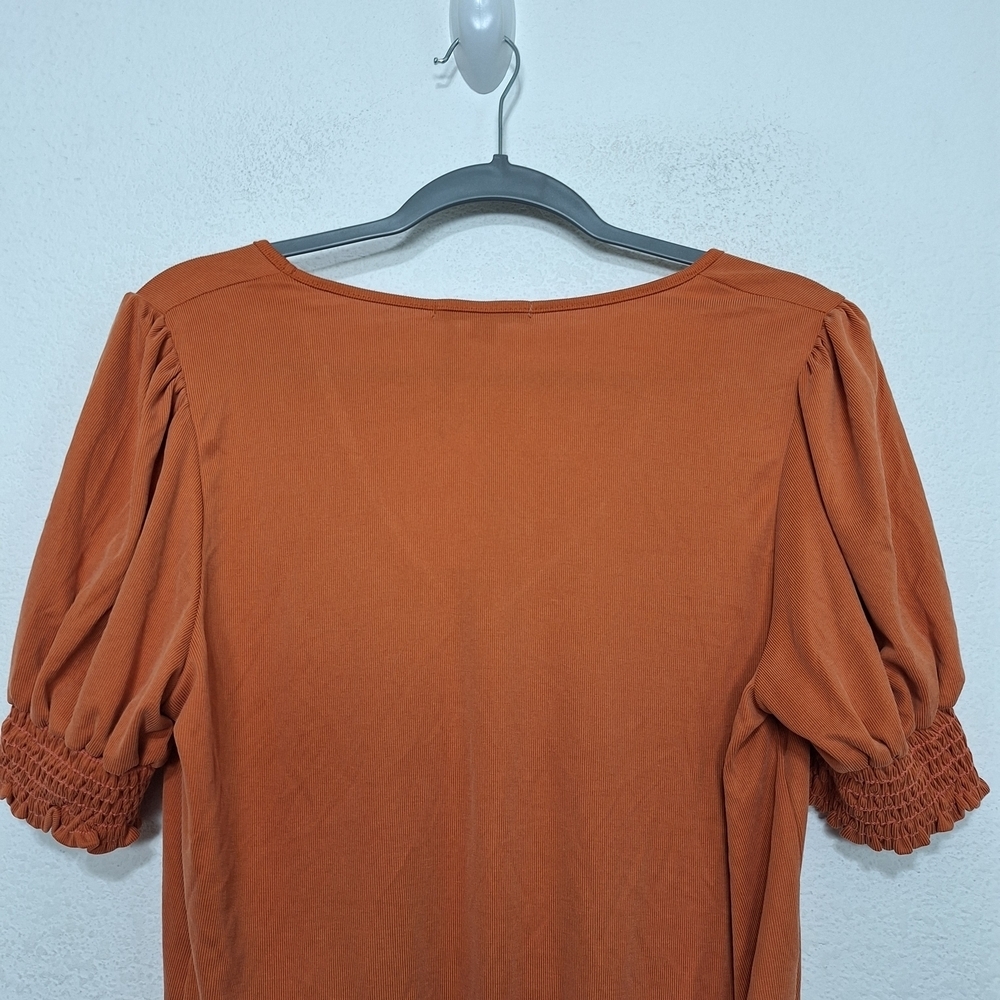 Green Envelope "NEW" Orange Boho Modal Blend Academia Smocked Blouse Size L - Picture 6 of 11